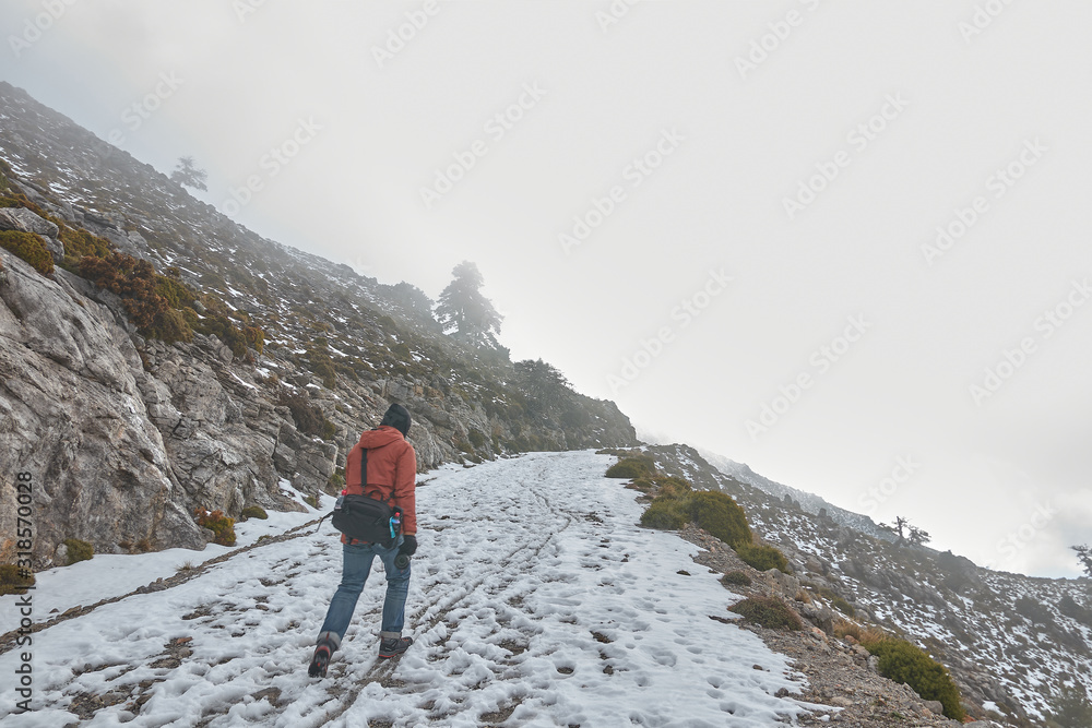 Obraz premium Man hiking with camera in a forest with snow, oak tree, rocks and bright sun in Sierra de las Nieves