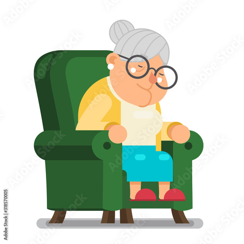 tired sleeping granny sit nap in armchair character cartoon flat design vector illustration