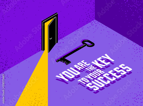 The key to success vector conceptual illustration with half open door giving light to dark place and key, new opportunities, secret mysterious door.