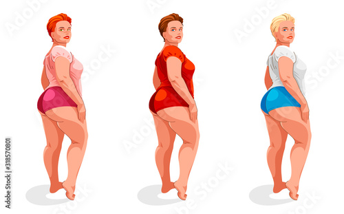 Attractive and sexy plus size woman isolated on white, vector illustration concept of body positivity health and happiness, love and accept your body idea, hair colors set.