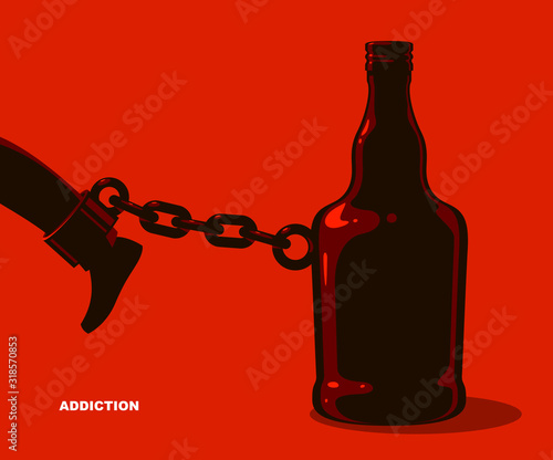 Bottle as a weight on shackles chain to leg alcoholism metaphor vector trendy design of social advertising poster or banner, addiction to alcohol bad habits and problems.