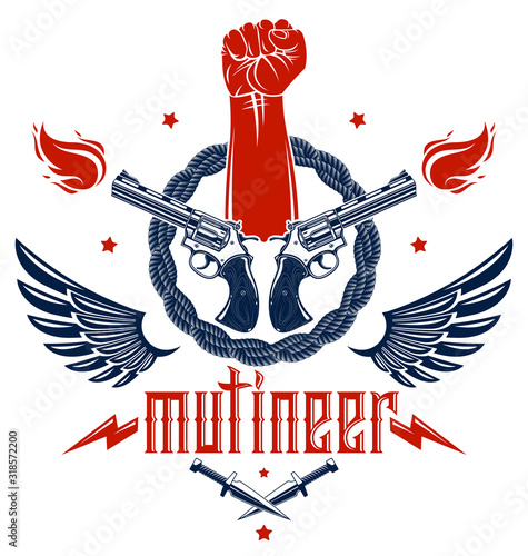 Revolution and Riot aggressive emblem or logo with strong clenched fist, weapons and different design elements , vector tattoo, anarchy and chaos, rebel partisan and revolutionary.