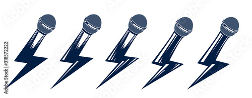 Rap music vector logos or emblems set with microphone in shape of lightning bolt, hot Hip Hop rhymes festival concert or night club party labels, t-shirt prints.