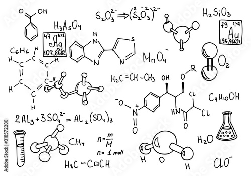 Chemical formula and outlines on whiteboard. Vector doodle set. Education background.