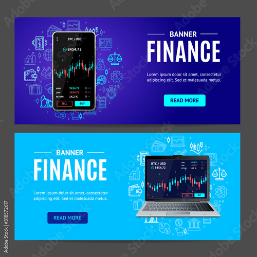 Finance Concept Banner Horizontal Set with Realistic Detailed 3d Mobile Phone and Laptop. Vector