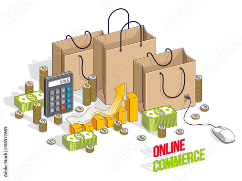 Online Shopping concept, web store, internet sales, Shop bag with pc mouse and cash money stacks and calculator isolated. Vector 3d isometric business and finance illustration.