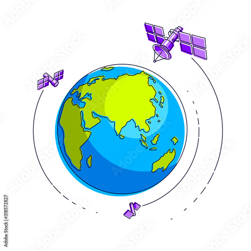 Global communication technology satellites flying orbital spaceflight around earth, spacecraft space stations with solar panels and satellite antenna plate. Thin line 3d vector illustration.