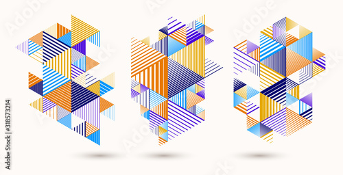 Abstract polygonal backgrounds with stripy triangles and 3D cubes vector designs set. Templates for different advertising or covers or banners. Retro style graphic elements.