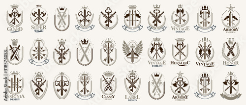 Weapon logos big vector set, vintage heraldic military emblems collection, classic style heraldry design elements, ancient knives spears and axes symbols.