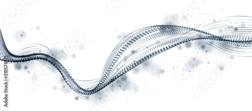 Dynamic particles sound wave flowing. Dotted curves vector abstract background. Beautiful 3d wave shaped array of blended points.