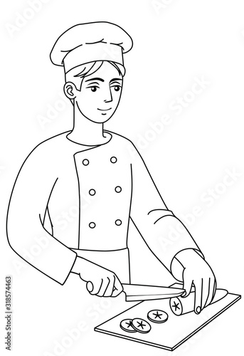 Male cook holds a knife and cuts on a chopping board. Man in chef uniform and cap at work. Vector outline illustration drawings on a white background