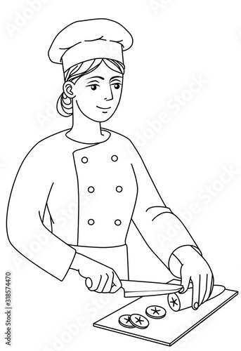 Female cook holds a knife and cuts on a chopping board. Man in chef uniform and cap at work. Vector outline illustration drawings on a white background