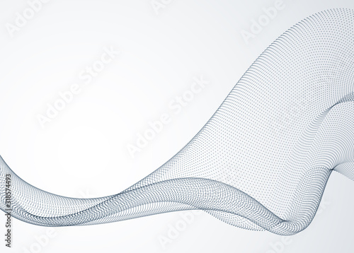 Flowing particles wave, dynamic sound motion curve lines. 3d vector illustration. Beautiful wave shaped array of blended points.