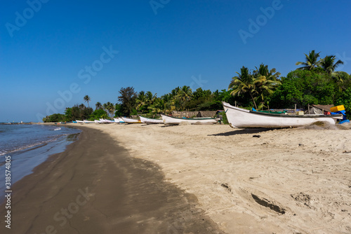 Old fishing boats on the sand beach on the tropical forest background. Indian traditional boat muchee walla on the Goa beach. Authentic landscape of sea coast. India, Arabian Sea. 