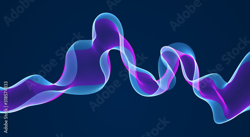 Flowing energy particles, wave of blended dots over dark. Curved dotted 3d lines vector illustration. 3d futuristic technology style with glowing shining effect.