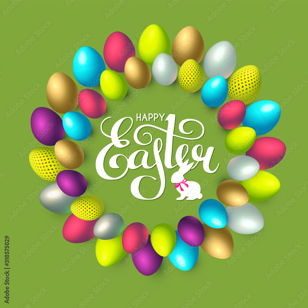 Easter wreath with 3D colorful eggs and lettering. Easter wreath with 3D colorful eggs and lettering.
