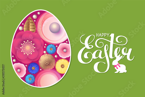 Happy Easter flyer template with egg, flowers and lettering.
