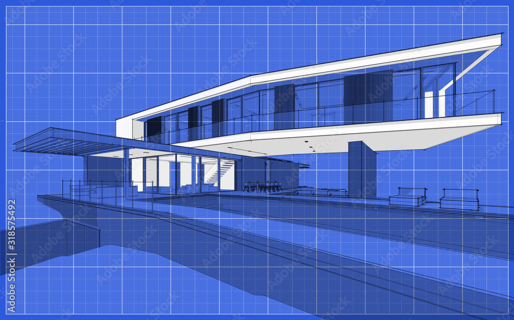Fototapeta premium 3d rendering of modern cozy house on the hill with garage and pool for sale or rent. Black line sketch with soft light shadows and white spot on blueprint background.