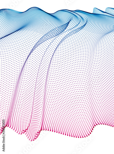 3d particles mesh array, transparent tulle textile on wind flowing. Round points vector effect illustration. Blended mesh, 3d calming tranquil wallpaper.