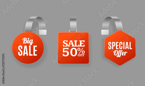 Realistic Detailed 3d Wobbler Promotion Pointing Big Sale Labels Set. Vector