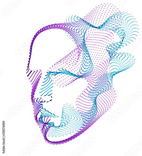 Digital soul of machine, Artificial Intelligence software visualization of human head made of dotted particles flowing wave lines array. Technical era period of evolution.