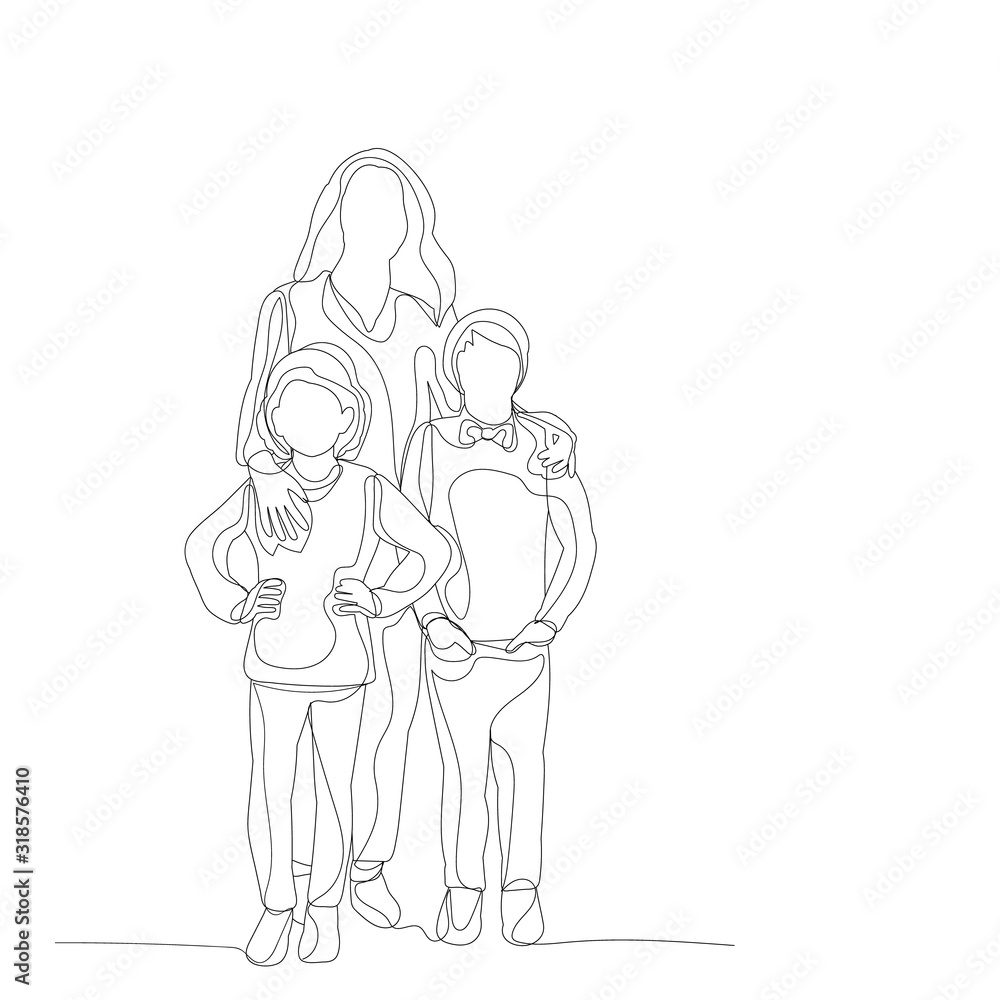 vector, isolated, single line drawing continuous, mom and child