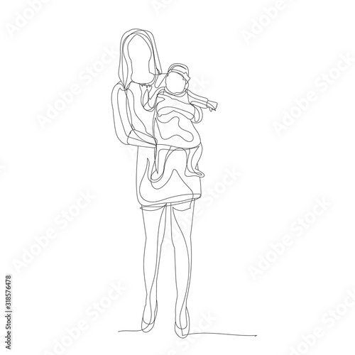 isolated, single line drawing continuous, mom and child