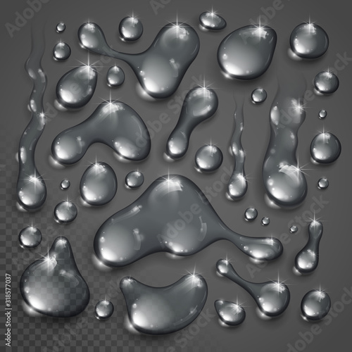 Water drops set vector realistic 3d elements collection, transparent dew condensation drops over transparency checker mesh, prepared to put over dark background.