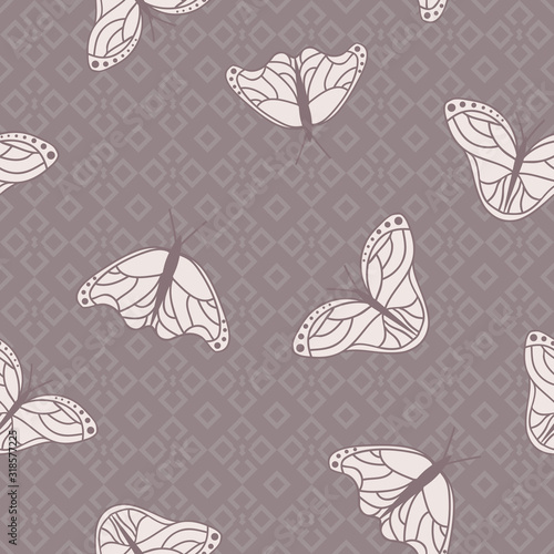 Vector Monarch Butterflies on Mosaic in Soft Colors seamless pattern background.