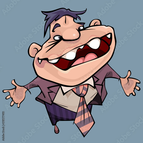 cartoon funny man in suit stands spreading arms apart