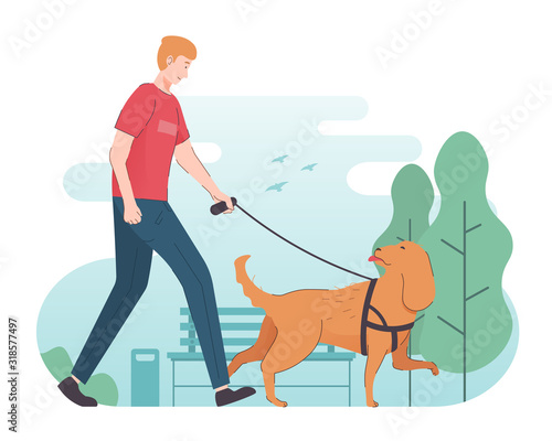 Dog walking illustration. People spending time with pet