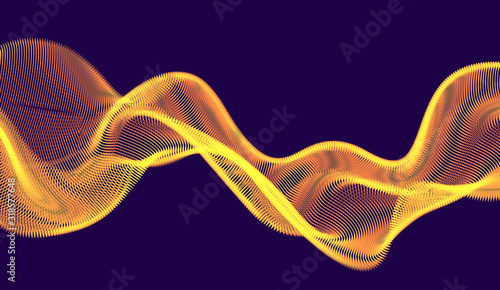 Flowing particles wave over dark background, dynamic sound motion curve lines. 3d vector illustration. Beautiful wave shaped array of shining blended points.
