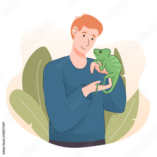 Man holding chameleon. People having fun with pet