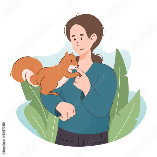 Woman with squirrel. People having fun with pet