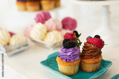 Sweets on the festive table.Holiday table with sweets, chocolate cupcakes with multi-colored toppings and colored cream