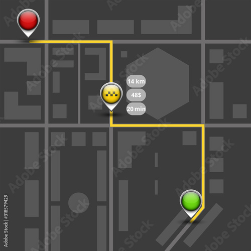 Order taxi using service, dark map mockup of route the city two red and green location pins and control taxi marker