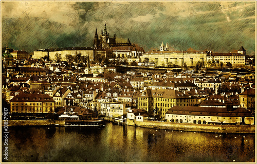Photography Beautiful view on old town Prague from Bridge Tower - vintage painted style illu