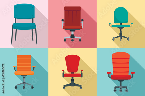 Desk chair icons set. Flat set of desk chair vector icons for web design