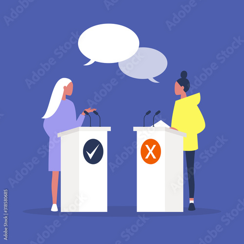 Two female candidates arguing at the debates, public speech, political campaign