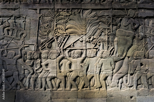 Angkor wat carvings. Siem reap ancient wall.