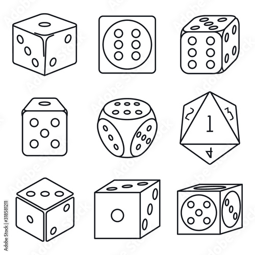 Play dice icons set. Outline set of play dice vector icons for web design isolated on white background