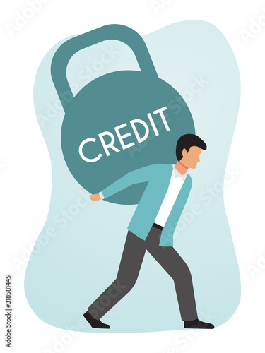 Businessman carrying heavy weight of financial credit. Men holding burden of credits debt. Boy carries a huge loan weight.