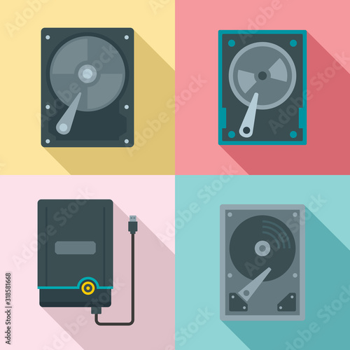 Hard disk icons set. Flat set of hard disk vector icons for web design