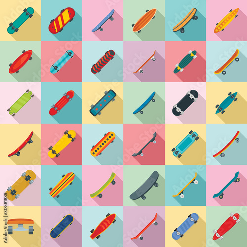 Skateboard icons set. Flat set of skateboard vector icons for web design