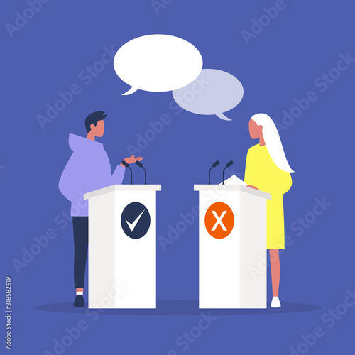 Two candidates arguing at the debates, public speech, political campaign