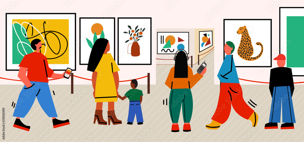 People visit art gallery. Croud of men and women in museum. Tourists doing sightseeing in the city . Contemporary art exibition. Ftat cartoon characters. People visit art gallery. Croud of men and women in museum. Tourists doing sightseeing in the city . Contemporary art exibition. Ftat cartoon characters.