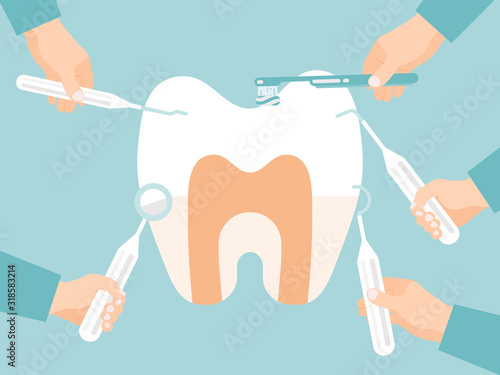 Stomatological tools treat tooth vector illustration. Oral examination. Stomatologist hands with dentists tool treats teeth. Dental care by doctors hand concept