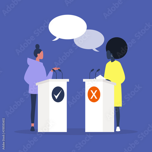 Two female candidates arguing at the debates, public speech, political campaign