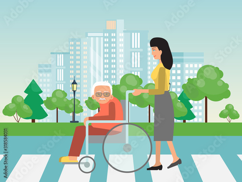Helping to disabled people on cross road. Assistance to old on wheelchair vector illustration. Woman helps to elderly on wheelchairs to cross road.