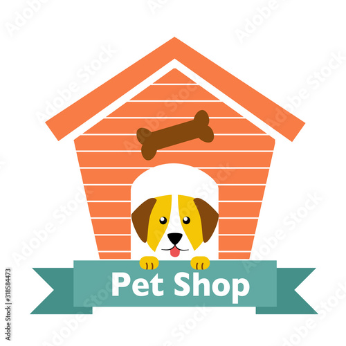 Dog and dog house design for pet shop on white background. Pet shop logo template for website page, mobile app, sign and sticker.